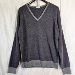 Malo 100 Cashmere V Neck Sweater Mens Size 56 Italian Blue Grey Striped Luxury